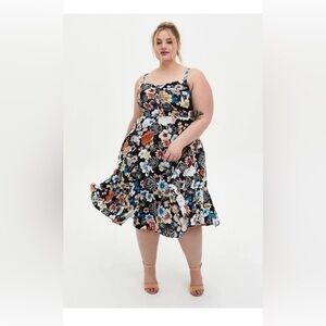 New Torrid Challis button Floral Print Black midi skaters dress 3X  🌸🌹🌺